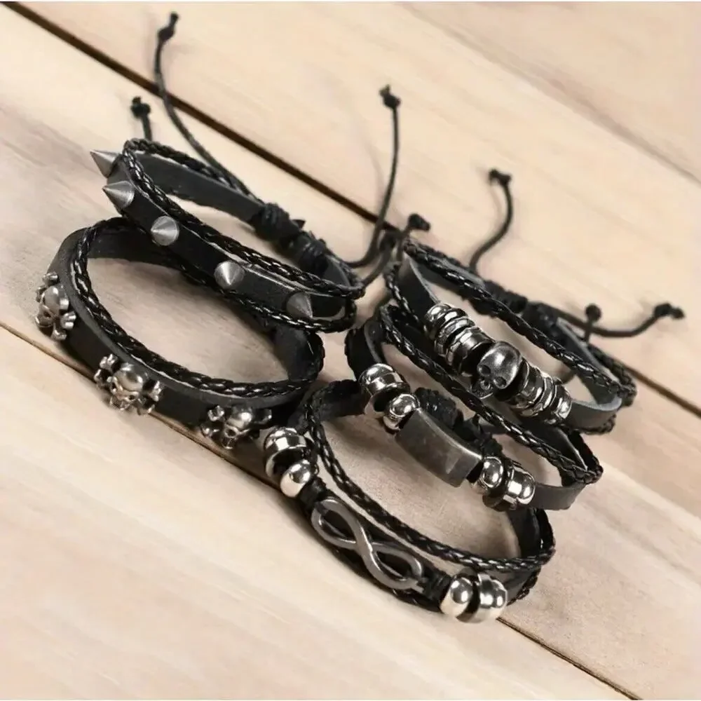 Set of 5 Gothic Punk Skull Head Biker Bracelet Unisex Grunge Adjustable Rock